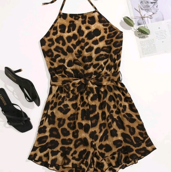 Leopard Print Ruffle Hem Halter Romper